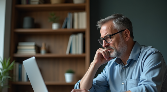 Homme d'âge moyen dans un bureau à domicile en réflexion
