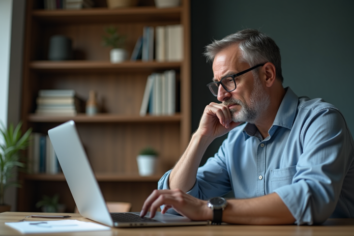 Homme d'âge moyen dans un bureau à domicile en réflexion