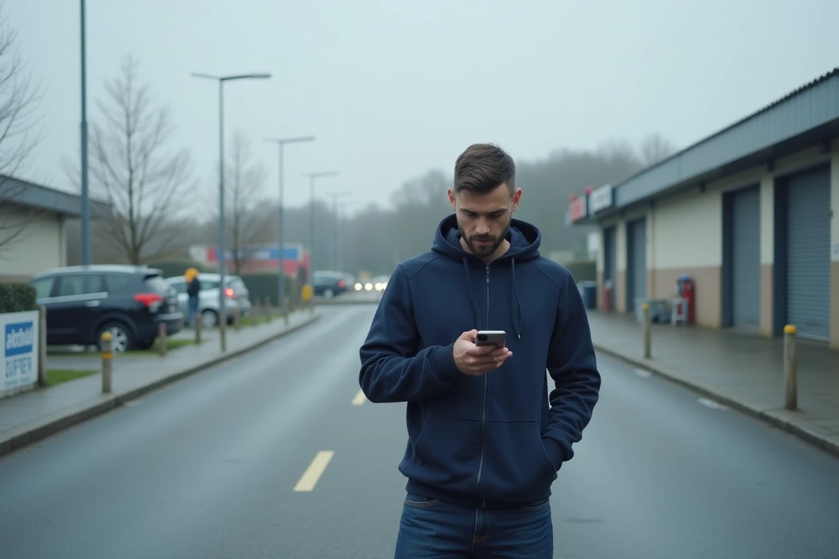 Homme consultant son smartphone pour vérifier les horaires d'ouverture d'un supermarché fermé en banlieue