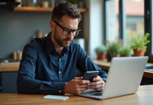 Homme regardant son smartphone dans une cuisine moderne
