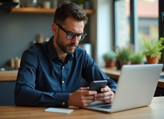 Retirer de l’argent sur la blockchain : raisons d’échec et solutions possibles Homme regardant son smartphone dans une cuisine moderne