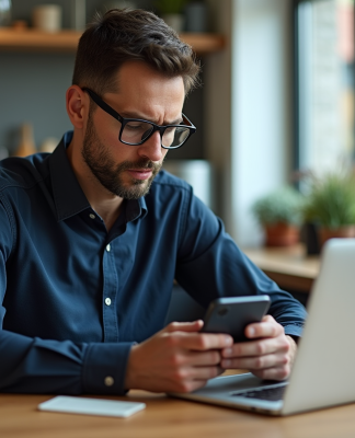 Homme regardant son smartphone dans une cuisine moderne