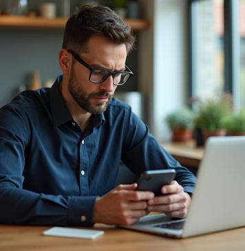 Homme regardant son smartphone dans une cuisine moderne