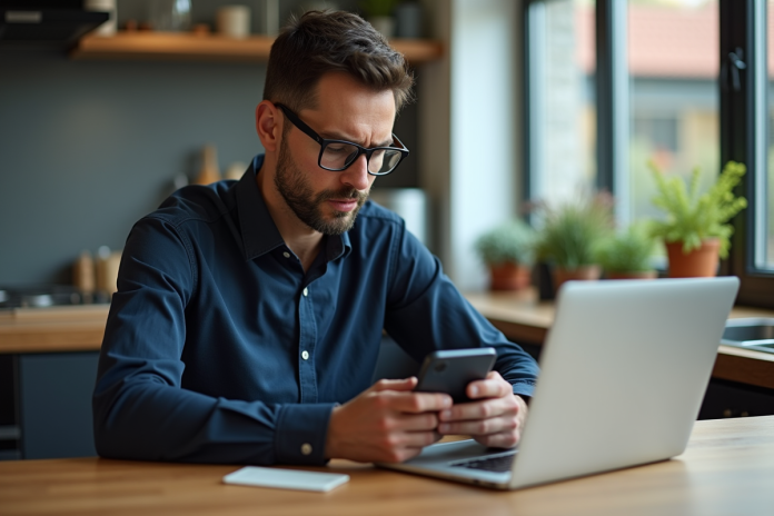 Homme regardant son smartphone dans une cuisine moderne