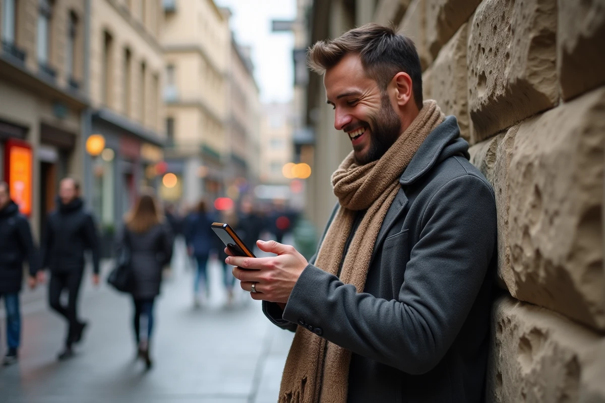 Homme souriant vérifiant ses notifications sur smartphone en ville