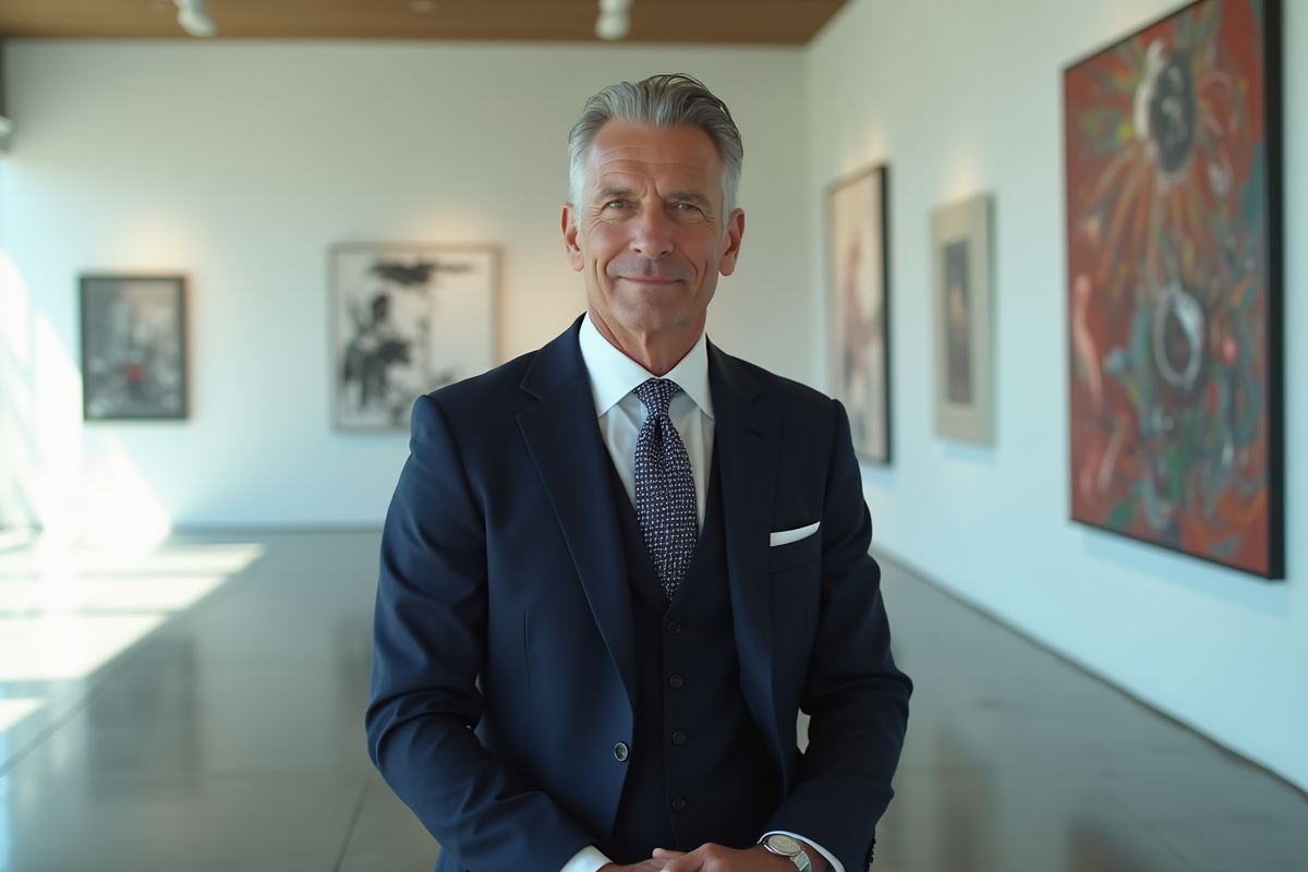 Homme en costume dans une galerie d