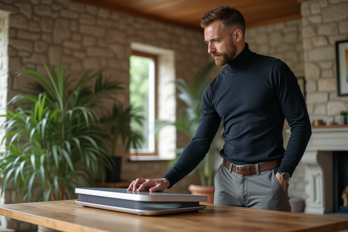 Homme utilisant un ordinateur modulaire dans salon moderne