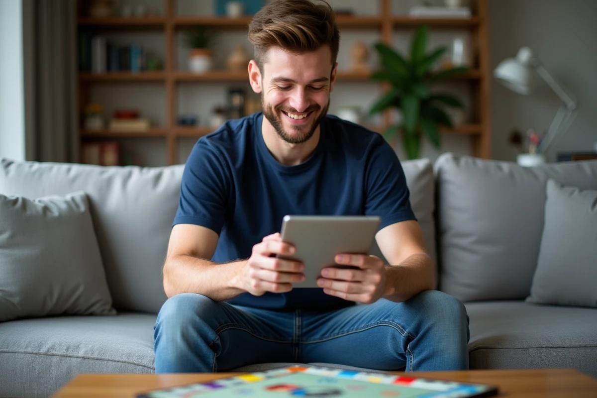 Homme sur tablette jouant à Monopoly Lien avec plateau de jeu sur la table basse