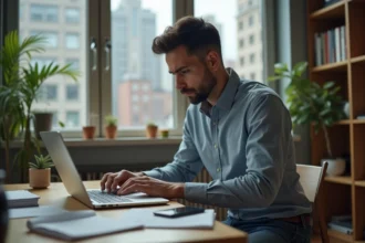 Homme inquiet travaillant sur son ordinateur à la maison