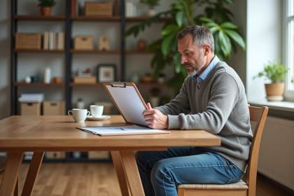 Homme d'âge moyen étudie un document de valorisation immobilière