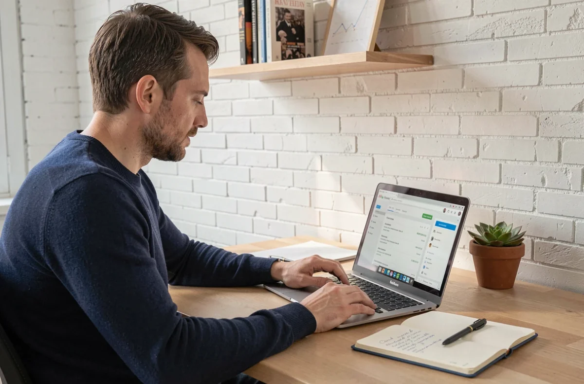 Homme vérifiant ses prélèvements bancaires en ligne sur un ordinateur portable dans un bureau à domicile