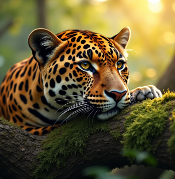 Tout savoir sur le jaguar : animal en J Jaguar reposant sur une branche de mousse en forêt