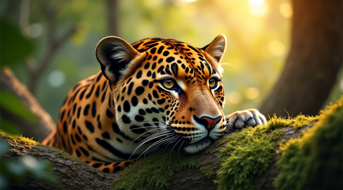Jaguar reposant sur une branche de mousse en forêt