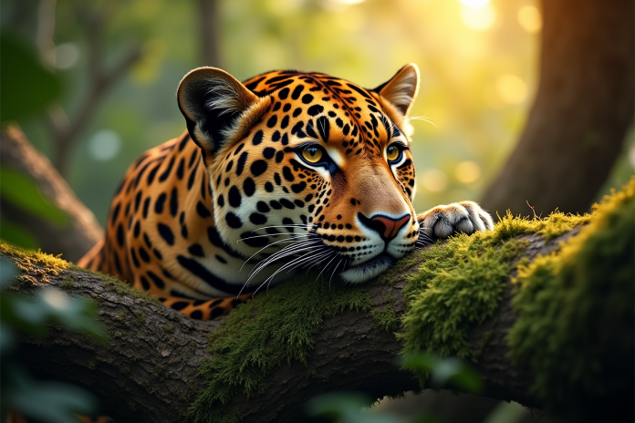 jaguar-foret-mousse Jaguar reposant sur une branche de mousse en forêt