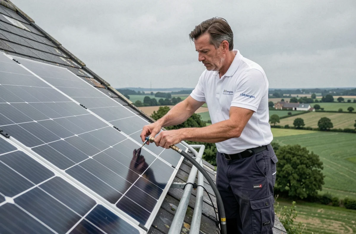 Spécialiste de J-D Energies installant des panneaux solaires thermiques sur le toit d'une maison de campagne en Maine-et-Loire