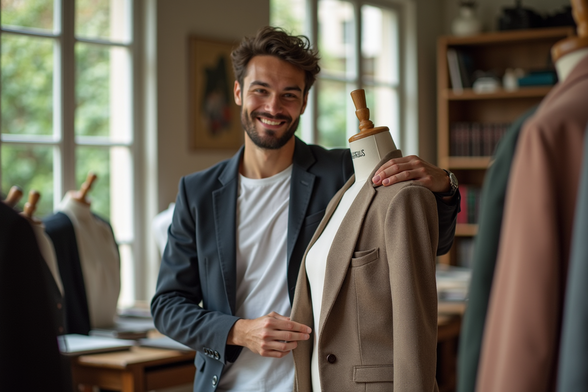 Jeune créateur de mode pinçant tissu dans atelier parisien