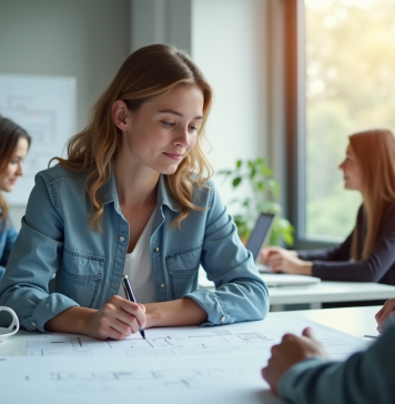 Jeune femme confiante au bureau avec collègues et plans d'ingénierie
