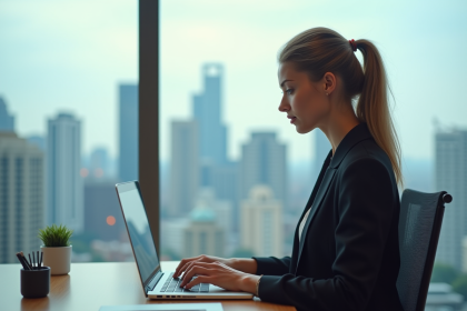 Jeune femme professionnelle travaillant sur un ordinateur avec vue sur la ville