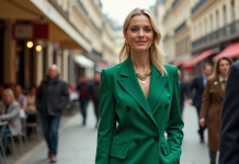 Jeune femme en costume vert dans une rue parisienne