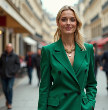 Personne la plus stylée au monde : découvrez notre classement exclusif ! Jeune femme en costume vert dans une rue parisienne