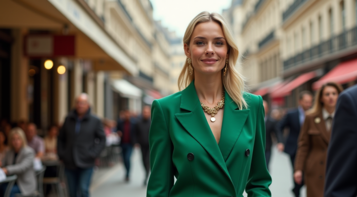 Jeune femme en costume vert dans une rue parisienne