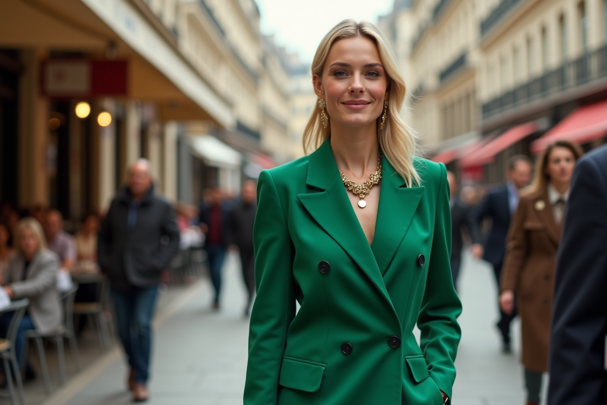 Jeune femme en costume vert dans une rue parisienne