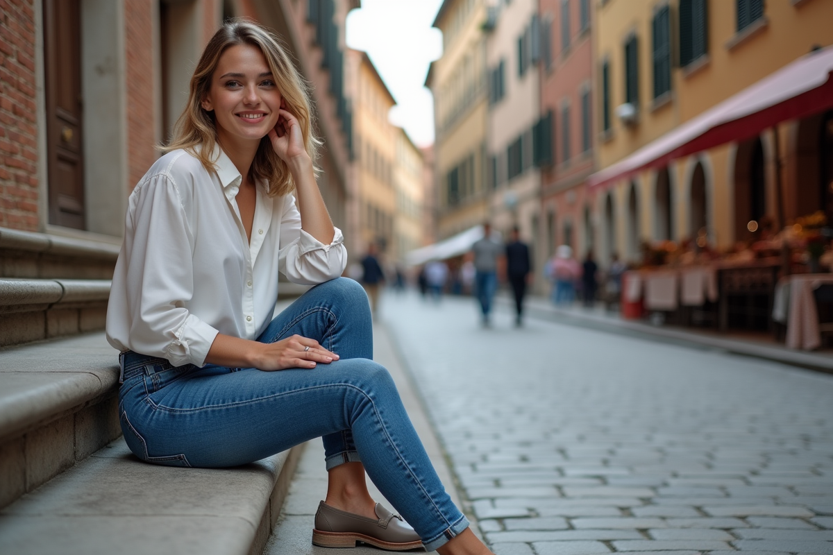 Jeune femme en jeans et blouse blanche assise sur une marche en ville