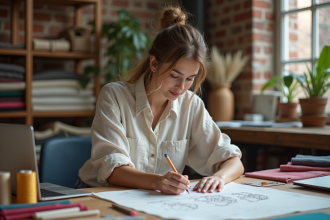 Jeune femme en studio de textile dessinant des motifs