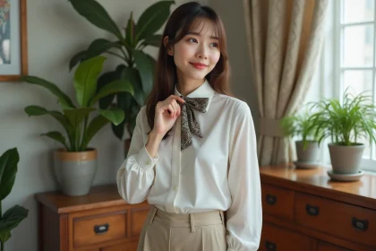 Jeune femme élégante ajustant un noeud papillon à motifs dans un intérieur cosy