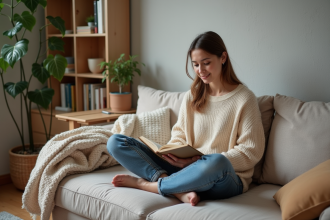Jeune femme lisant dans un appartement cosy et fonctionnel