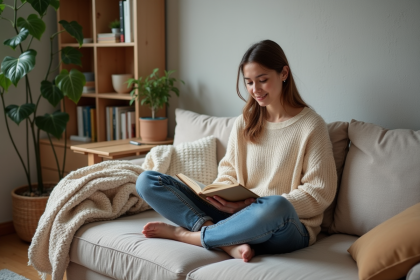 Jeune femme lisant dans un appartement cosy et fonctionnel