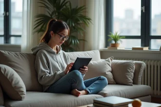 Jeune femme lisant manga sur tablette dans un salon cosy