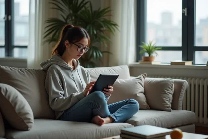 Jeune femme lisant manga sur tablette dans un salon cosy
