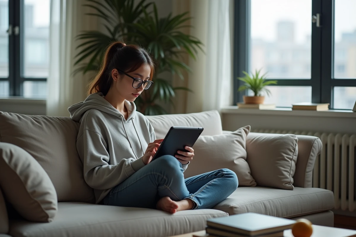 Jeune femme lisant manga sur tablette dans un salon cosy