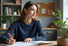 Jeune femme concentrée à son bureau avec cahier et stylos