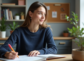 Apprendre efficacement : développer le potentiel cognitif et émotionnel Jeune femme concentrée à son bureau avec cahier et stylos