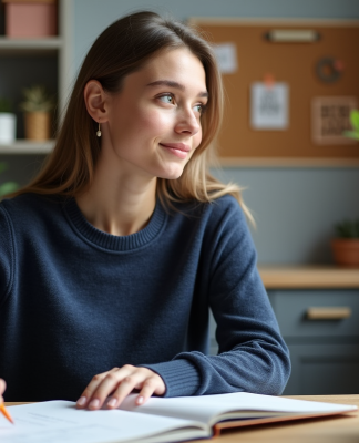 Jeune femme concentrée à son bureau avec cahier et stylos