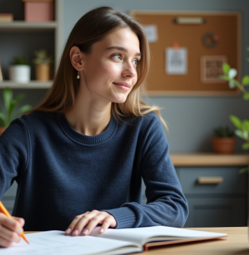 Apprendre efficacement : développer le potentiel cognitif et émotionnel Jeune femme concentrée à son bureau avec cahier et stylos