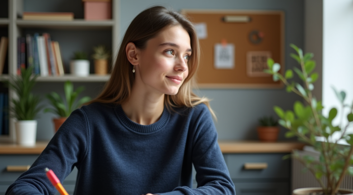 Jeune femme concentrée à son bureau avec cahier et stylos