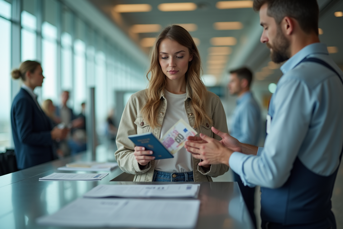 Jeune femme montrant son passeport et euros au contrôle douanier