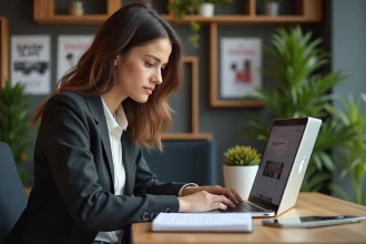 Jeune femme concentrée sur son ordinateur dans un espace créatif