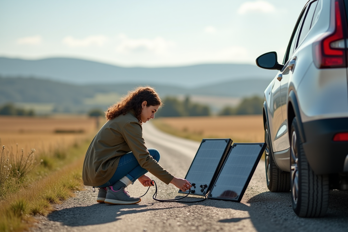 Jeune femme inspectant un panneau solaire près d