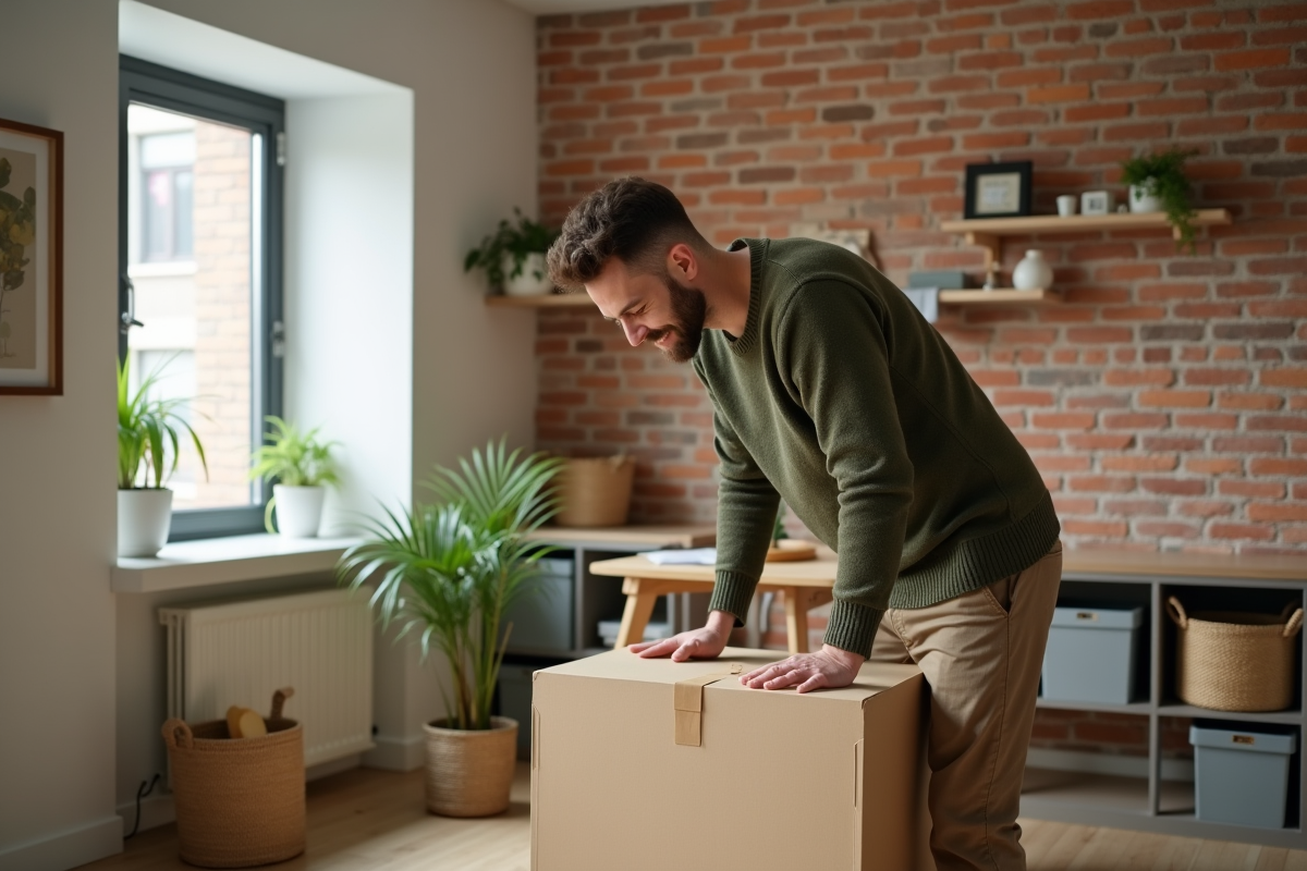 Jeune homme assemble un meuble de rangement dans un studio lumineux