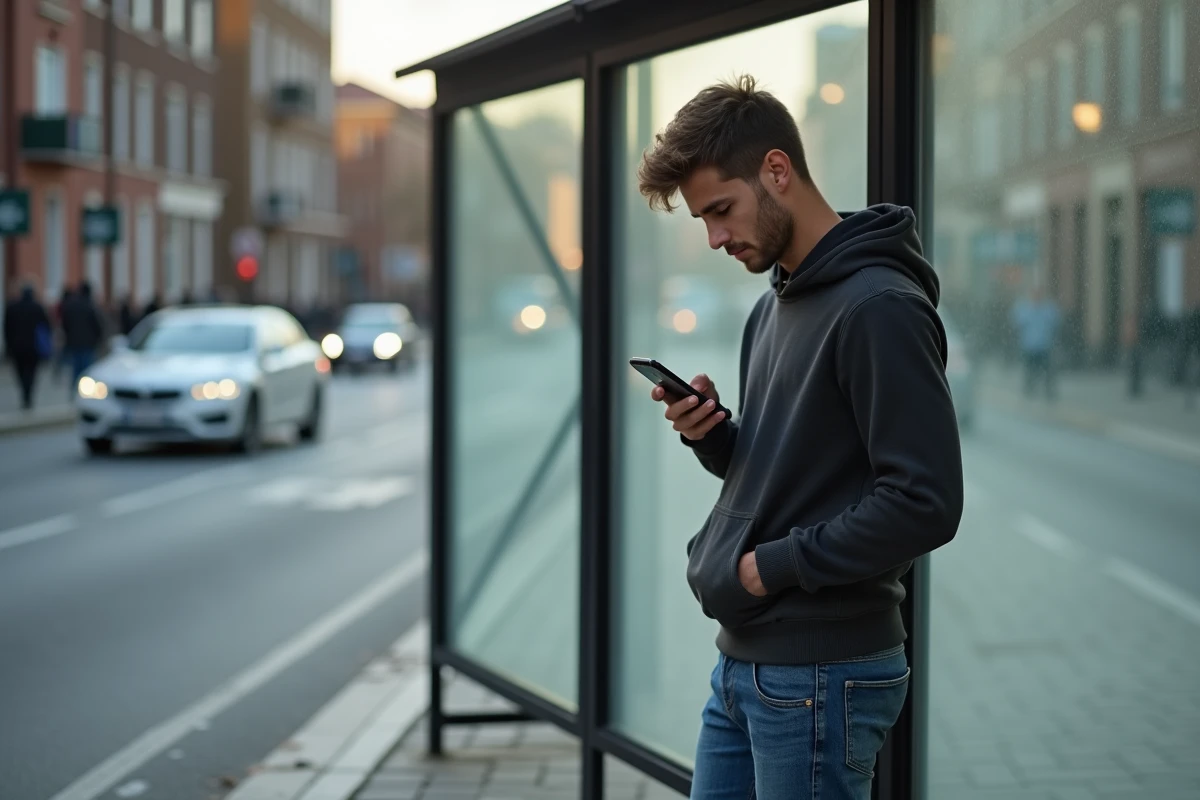 Jeune homme attendant au bus avec téléphone en main