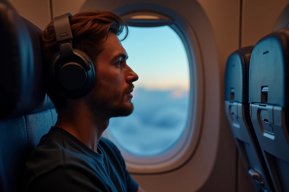 Jeune homme dans un avion regardant par la fenêtre au crépuscule