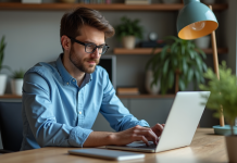 Jeune homme au bureau à la maison utilisant son ordinateur portable