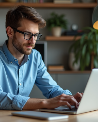 Jeune homme au bureau à la maison utilisant son ordinateur portable
