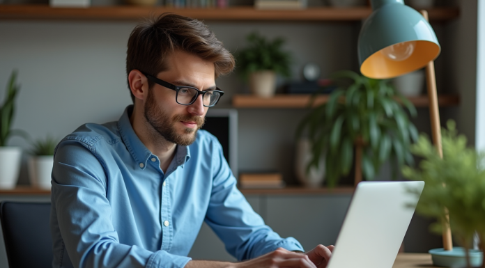 Jeune homme au bureau à la maison utilisant son ordinateur portable