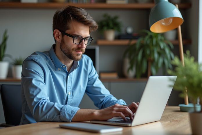 Jeune homme au bureau à la maison utilisant son ordinateur portable
