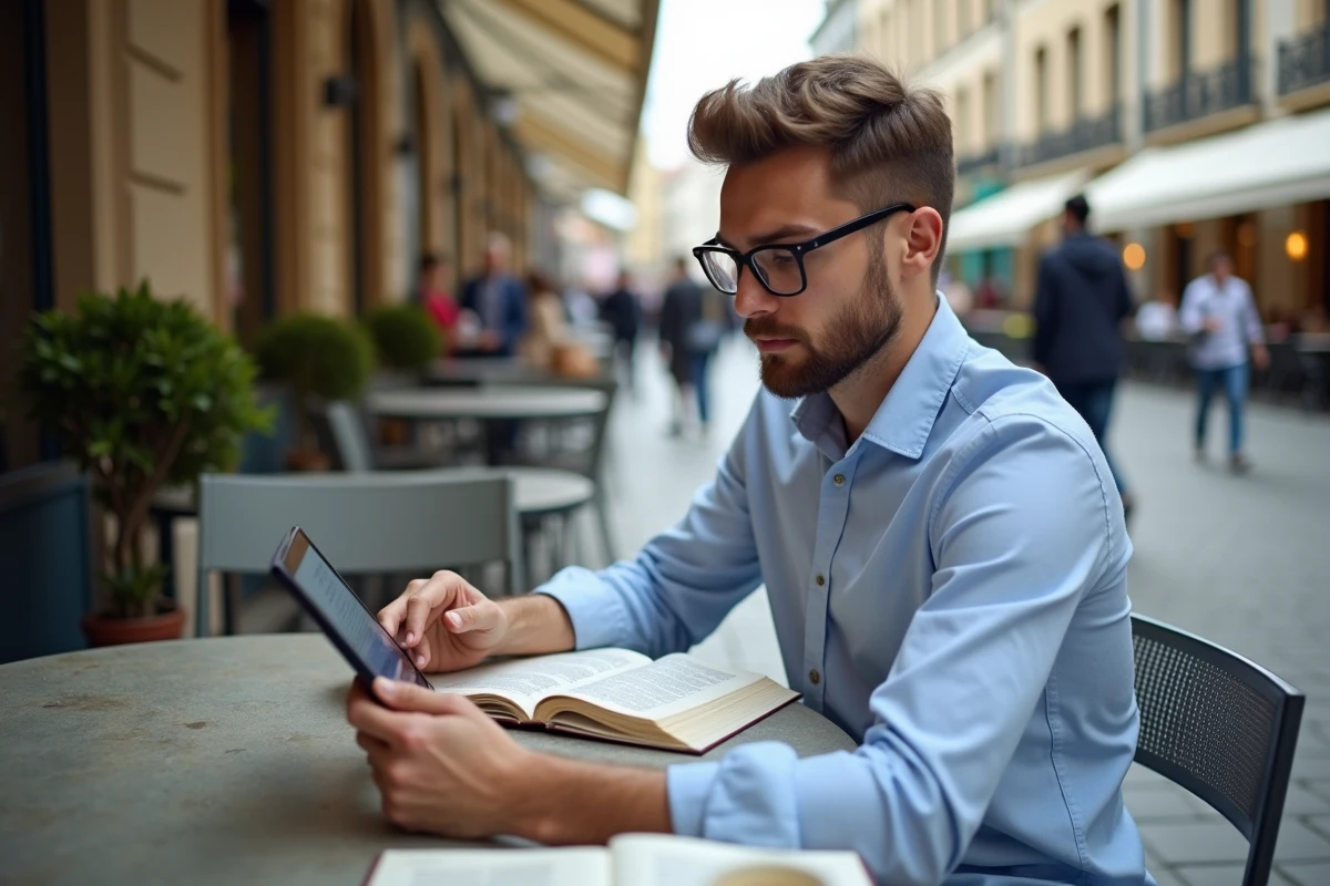 Jeune homme lisant un livre en terrasse de café